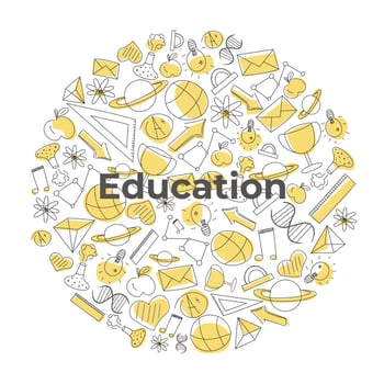 Hand drawn doodle for school theme in circle frame with yellow spots, educatinal illustration for background or wallpaper, print or textile, icons for kids vector