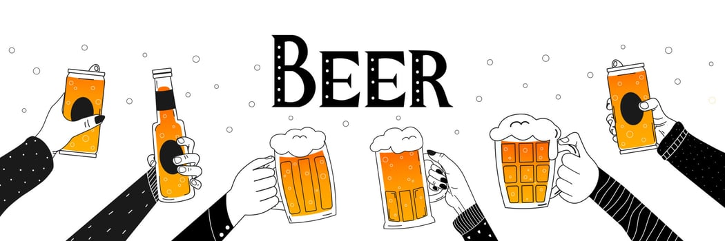 Hands holding glasses of beer with lettering, banner for octoberfest, brewery design, party celebration, beer festival vector