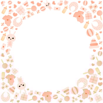 Cute child otems circlae frame for baby shower card, its a girl greeting background, colorful child birth border vector
