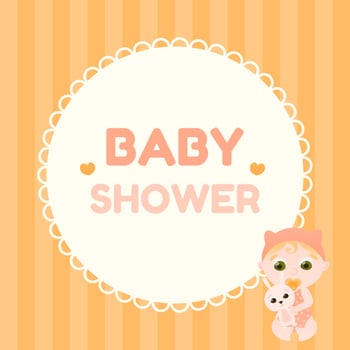 Greeting baby shower card with cute toddler playing with bunny, striped yellow background with circle vintage frame vector