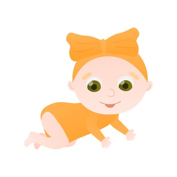 Cute little girl in yellow costume, toddler crawling in cartoon style isolated on white background, baby shower vector