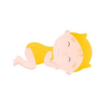 Cute toddler sleeping pose in cartoon style isolated on white background, baby development, colorful dotted singlet vector
