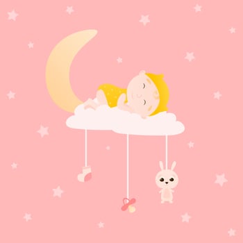Sweet dreams, toddler sleeping on moon in clouds on pin background with stars elements, toys and baby elements vector