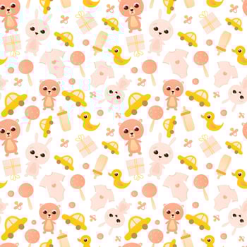 Baby shower seamless patern with related infant conceept with pink teddy, bunny toys and toddler clothes vector