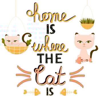 Home is where the cat is lettring with cartoon animal character in different poses isolated on white background vector