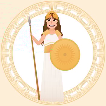 Athena Olympian greece goddess of wisdom, handicraft and warfare, little girl in acient gown for masquerade or theatre perfomance, mythical goddess in cartoon style vector