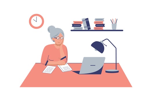 Cute old woman working on laptop computer at home. Online education, web courses, modern technologies and old age concept. Vector pink illustration in flat style.