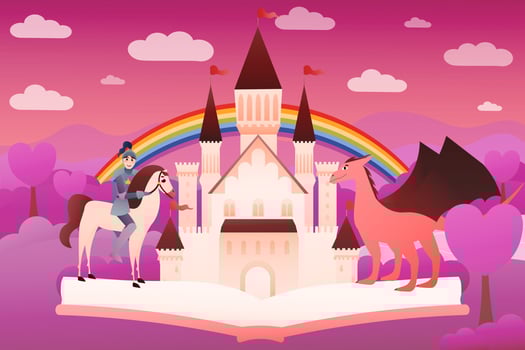Reading fairy tales concept with open book, castle, knight and dragon, colourful fantasy world landscape, medieval characters in cartoon style, kid imagination vector