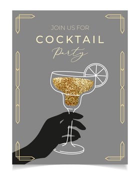 Outline illustration of woman's hand holding cocktail glass, vector. Invitation for party template. Line art margarita cocktail. Art deco concept design. Event, party, presentation, promotion, menu. vector