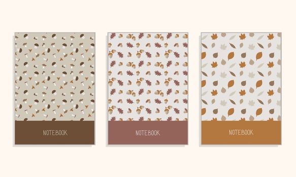 Cover page notebook collection. Templates with abstract autumn leaves. Perfect for diary, books, magazines, journals, catalogs, planners and flyers. Vector layouts.