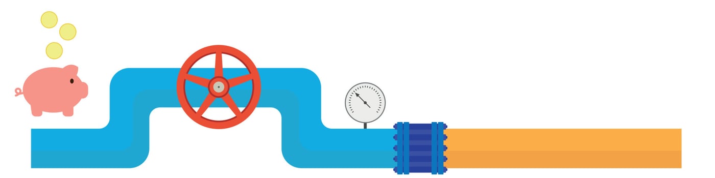 Blue-orange gas pipe with a red valve, pressure gauge, a coin falls into a piggy bank, flat vector, isolate on white vector