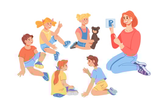 Preschool or kindergarten children boys and girls cartoon characters on lesson with teacher. Daycare preschool center or children nursery. Kids education and care. Flat vector illustration isolated.