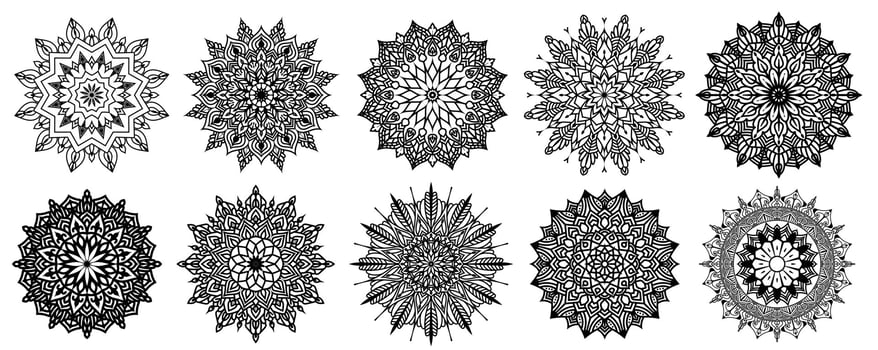 Floral Mandala Vector Pack of 10, Ornament round set with a mandala, Vintage decorative elements. Oriental pattern, vector illustration. Islam, Arabic, Turkish, Pakistan, Chinese, Mandala bundle