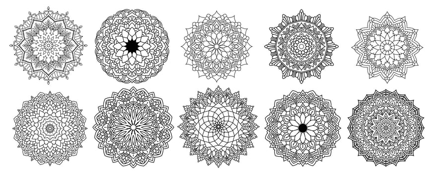 Floral Mandala Vector Pack of 10, Ornament round set with a mandala, Vintage decorative elements. Oriental pattern, vector illustration. Islam, Arabic, Turkish, Pakistan, Chinese, Mandala bundle