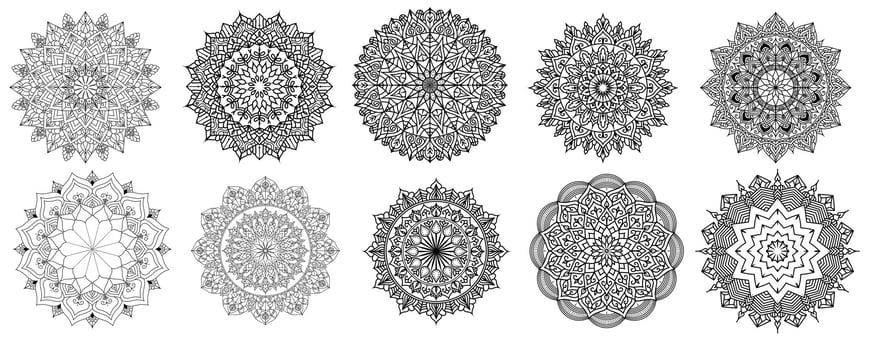 Floral Mandala Vector Pack of 10, Ornament round set with a mandala, Vintage decorative elements. Oriental pattern, vector illustration. Islam, Arabic, Turkish, Pakistan, Chinese, Mandala bundle