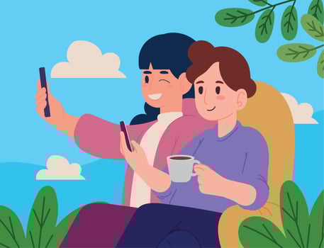 women holding cellphones vector