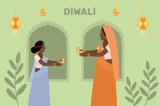Happy Diwali Celebration Urban Background Sky Lanterns. Illuminated Oil Lamps A women wearing traditional dress holding Diwali festival lamps in her hand vector