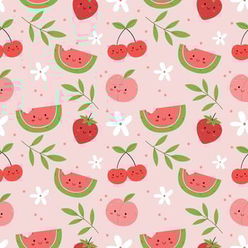 Seamless pattern with funny characters fruit slices of fresh watermelon, peac, strawberries and cherries on a white background. Illustration for book, wrapping paper, textile print, wallpaper vector