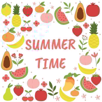 Set of summer fruits and berries.Inscription Summertime. Organic products. Apple, orange, watermelon, strawberry, pear, papaya, banana, lemon, pineapple. Summer flowers. vector