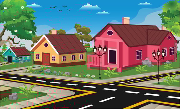 Town cartoon background illustration with road, houses, trees, street light and narrow road. vector