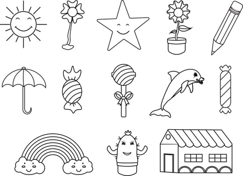 Cute things coloring page different isolated element on the white background. Cute outline illustration for kids with Sun, Flower, Stars, Pencil, Umbrella, Candy, Lollipop, Fish, Rainbow, Cactus. vector