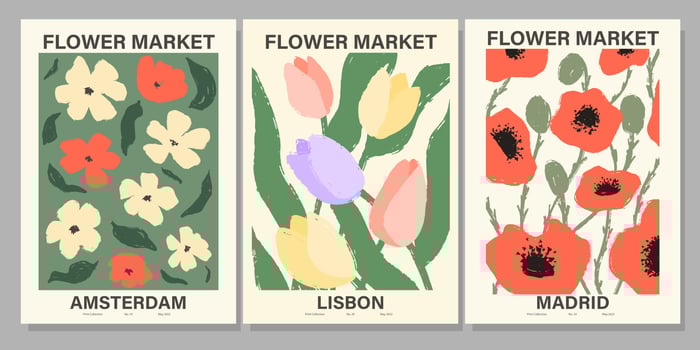 Flower market poster set. Abstract floral illustration. Botanical wall art collection, vintage poster aesthetic. Vector illustration