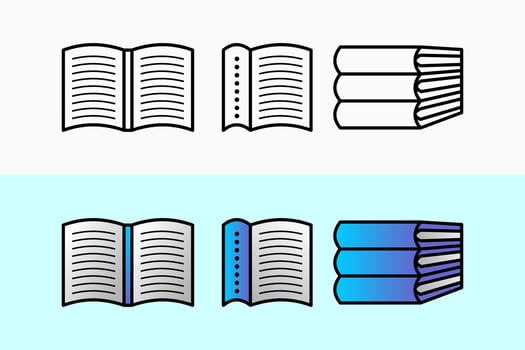 Set of black white and color vector book icons in line art style