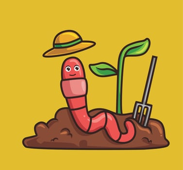 cute worm farming. cartoon animal nature concept Isolated illustration. Flat Style suitable for Sticker Icon Design Premium Logo vector. Mascot Character vector