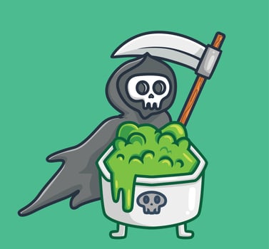 cute grim reaper bring a cup of poison. cartoon halloween event concept Isolated illustration. Flat Style suitable for Sticker Icon Design Premium Logo vector. Mascot character vector