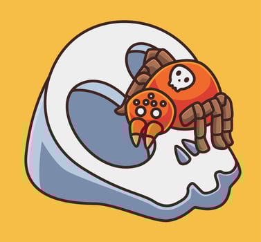 cute spider on skull. Isolated cartoon animal Halloween concept illustration. Flat Style suitable for Sticker Icon Design Premium Logo vector. Mascot character vector