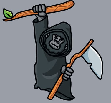 cute gorilla ape grim reaper. Isolated cartoon animal Halloween illustration. Flat Style suitable for Sticker Icon Design Premium Logo vector. Mascot character vector