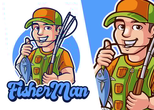 Fisher Man Mascot Cartoon Logo. Man Character Profession Logo vector