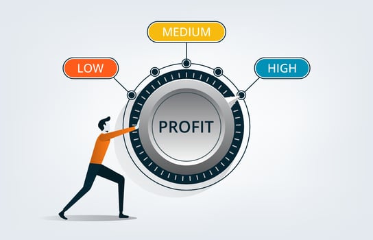 Businessman turning profit dial to a high illustration. Profit increase, market growth and success in business concept vector
