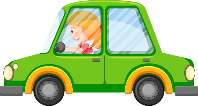Cartoon girl driving green car in cartoon style vector