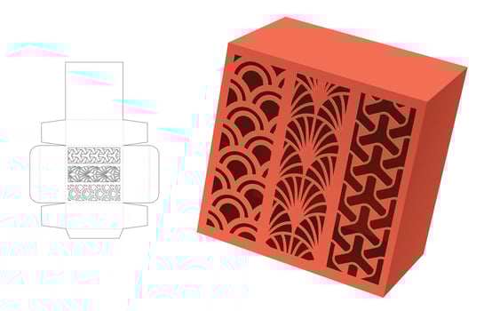 Box with 3 stenciled Japanese patterns die cut template and 3D mockup vector
