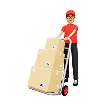 3d Deliveryman pushing packages trolley png