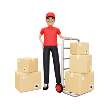 3d Deliveryman with packages trolley png