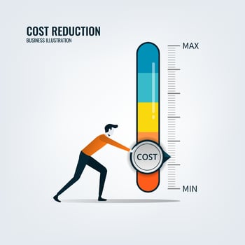 Businessman turning cost dial to a low illustration. Cost reduction, cost cutting and efficiency concept vector