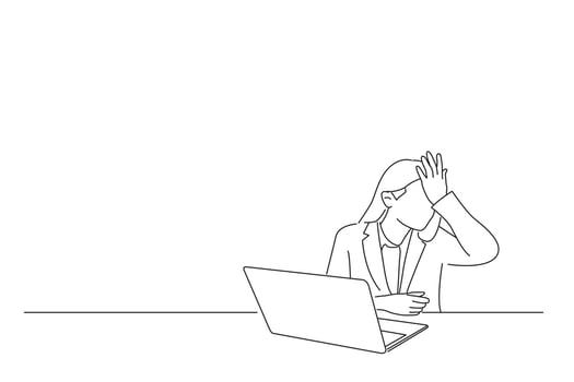 Cartoon of beautiful woman working at the office wearing glasses surprised with hand on head for mistake. One line art vector