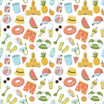 Cartoon summer beach and sea holiday elements seamless pattern. Summer shorts, hat, cold drinks, fruits. Great for wallpaper, print. Isolated on white background. vector