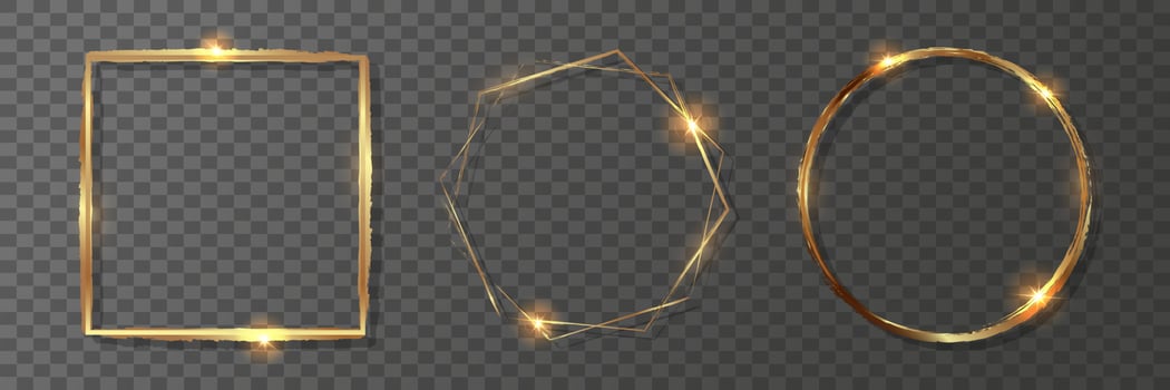 Three round and square gold frames on a dark background. Set of decorative vector borders made of gold.