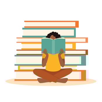 African American girl face reading a book. concept with many books vector