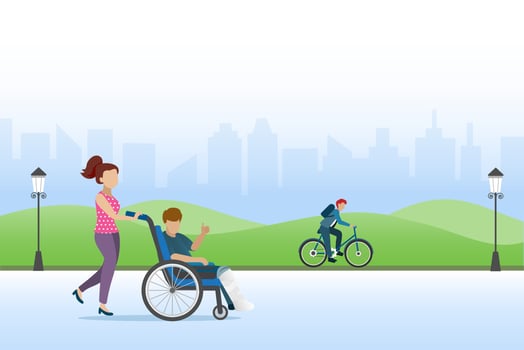 Woman help man with broken leg in plaster cast on wheelchair to public park for relaxation. vector