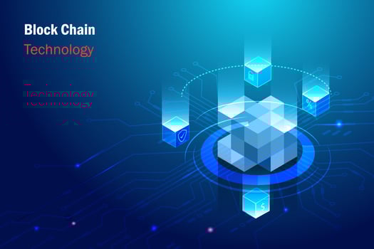 Block chain technology connecting digital cube to big data. Online exchange  and transfer security business information in futuristic background. vector