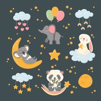 Cute sleeping animals good night big sticker set. Celestial bodies, clouds, stars, moon, panda, elephant, bunny and koala. Nursery poster, postcard, children print, baby shower. Vector illustration.