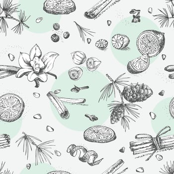 Seamless pattern with hand drawn Christmas winter spices, glasses of traditionally hot winter drinks and wine bottle. Good idea for templates menu, recipes, greeting cards . Vector illustration