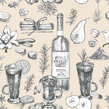 Seamless pattern with hand drawn Christmas winter spices, glasses of traditionally hot winter drinks and wine bottle. Good idea for templates menu, recipes, greeting cards . Vector illustration