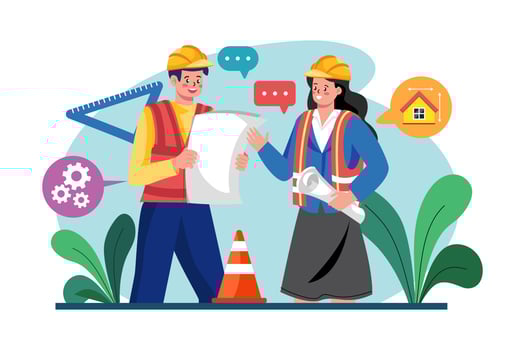 Construction workers discussing on building plan vector