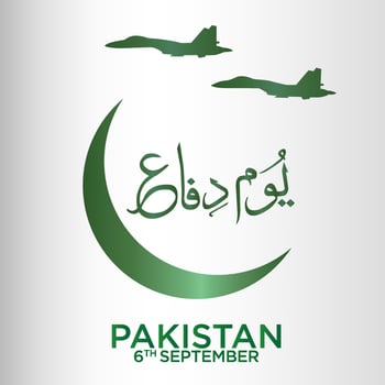 Youm e difa Pakistan. English translation PakistanDefense Day. with crescent and fighter jets. Urdu calligraphy. vector illustration.