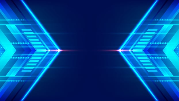 Abstract modern technology futuristic concept high speed movement blue arrows geometric stripe lines with lighting effect on dark background vector